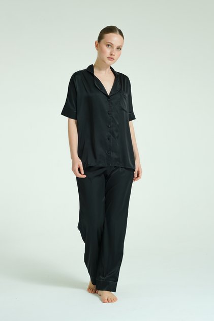 Short Sleeve 4-Piece Satin Pajama Set - Black