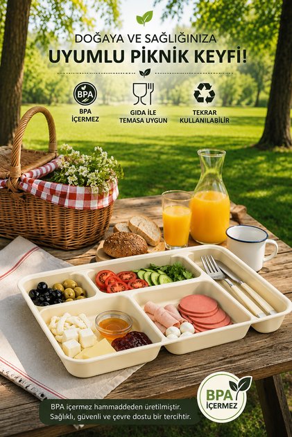 1294-1 5 Bölmeli BPA İçermez Lüks Plastik Piknik Yemek Servis Tabağı-Tabldot Servis Tabağı Krem -21*31*3,5 cm