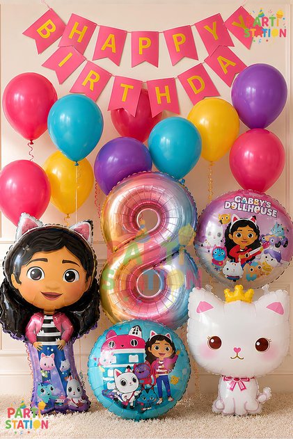 Gabby Dollhouse Balloon Set 8 Years Old 14 Pieces Birthday Balloon Decoration Set with Happy Birthday Banner