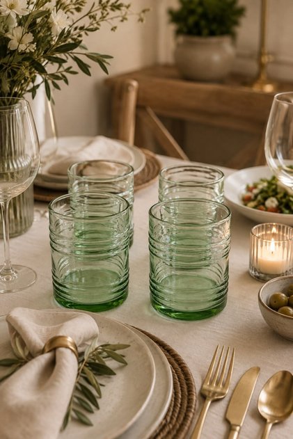 4-Piece Striped Green Glass Soft Drink Glasses