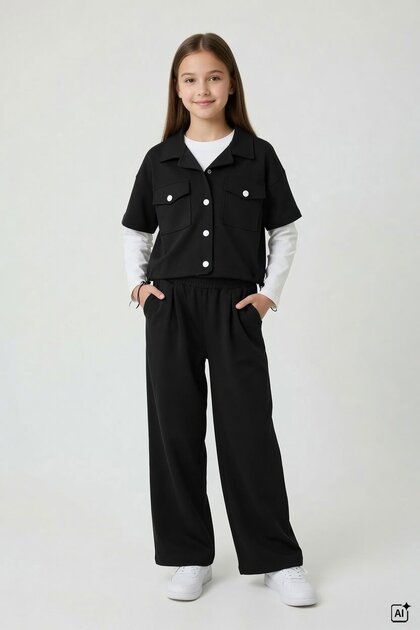 Black Girl's Short Sleeve Jacket and Wide Leg Pants 3-Piece Set 24769