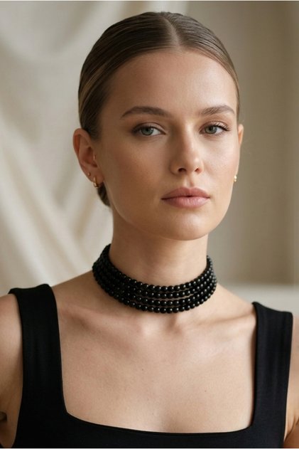 Cam Siyah İncili Tasma Kolye, Choker Kolye, Tasarım Kolye, Şık Kolye, Kolye