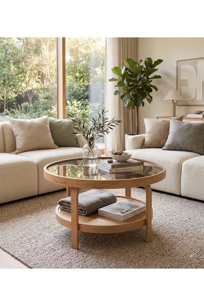 Ceviz/ Meşe/ Beyaz/ Siyah TEMPERLİ CAM Masif Ahşap Balkon- Hol- Koridor- Mutfak- Salon- Ofis Glamous Camlı Orta Sehpa Çap 80 cm