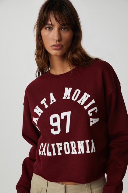 Jaelyn Women's Long Sleeve Round Neck Front Printed Off-Shoulder Short Burgundy Sweatshirt