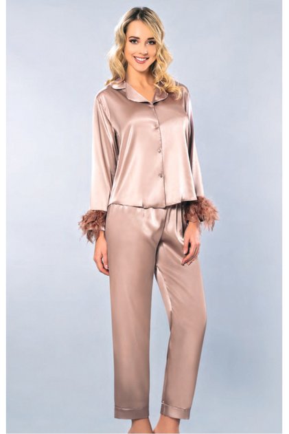Satin Pajama Set with Feather Sleeves