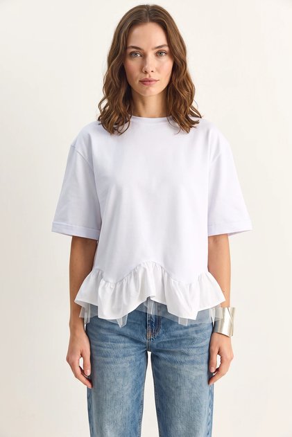 Women's Tulle Detailed Flounce Oversize Basic White T-Shirt