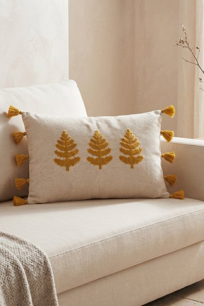 Buldan Handmade Tree Motif Embossed Punch Embroidered Tasseled Cotton Hidden Zipper Rectangular Throw Pillow Cover 35X55 cm