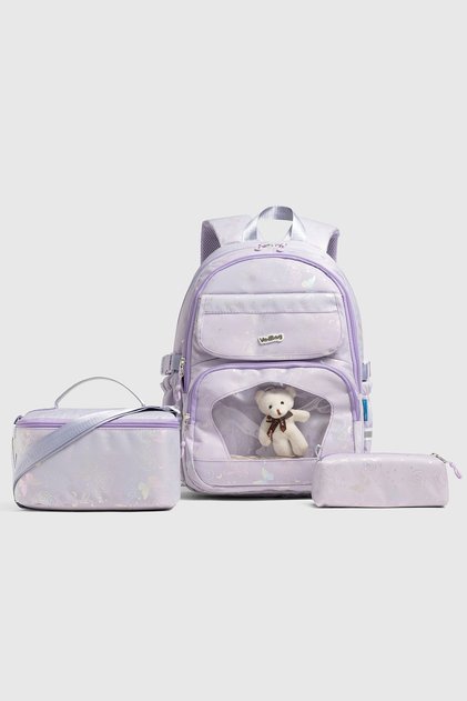 Celorina Girls' 3-Piece School Bag Set Lilac - Orthopedic, Thermal Insulated Lunch Bag and Pencil Case