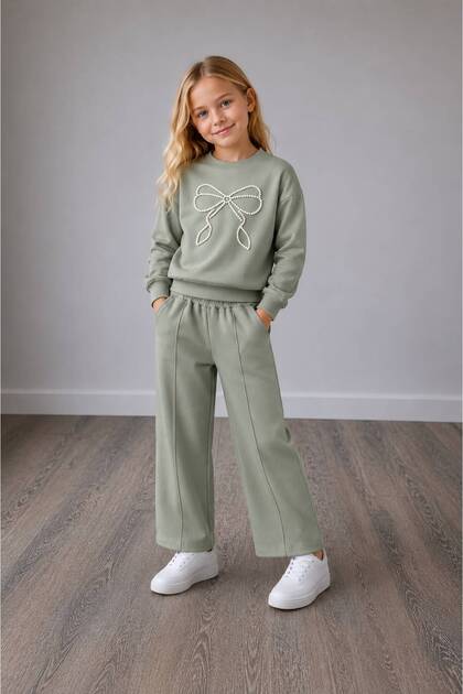 Girl's Pearl Bow Detailed Sweatshirt and Wide-Leg Pants Set