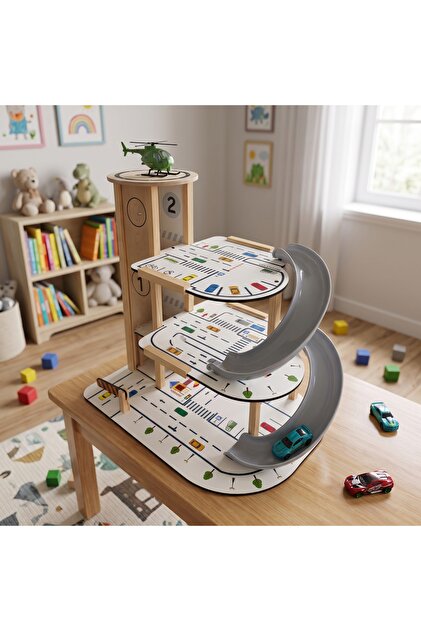Toysilla Ahşap 3 Katlı Asansörlü ve Kaydıraklı Çocuk Oyun Garajı