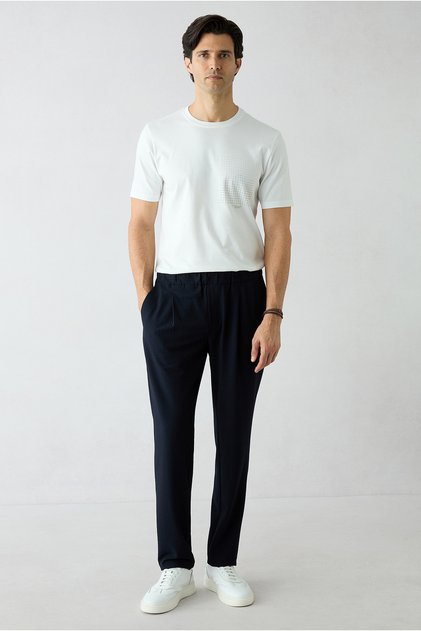 Regular Fit Standard Cut Striped Lycra Trousers with Elastic Waist and Side Pockets