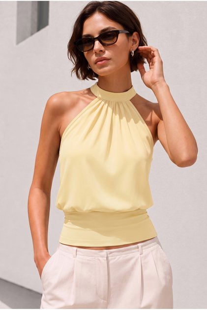 Women's Butter Yellow Backless Halter Neck Modal Cotton Blouse with Fitted Waist