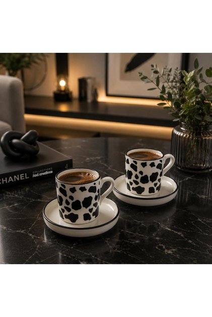 2-Piece Ceramic Leopard Pattern Turkish Coffee Cup Set / Black and White Zebra Pattern Cup Set