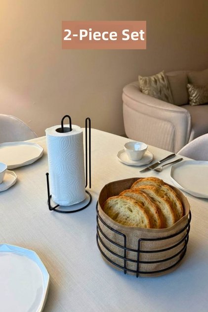 Set of 2 Black Vertical Paper Towel Holders with Dividers Round Bread Basket Kitchen Set