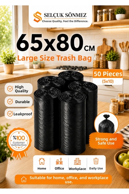 Large Size Garbage Bags 65X80 cm Black 50 Pieces (5X10) Durable and Resistant