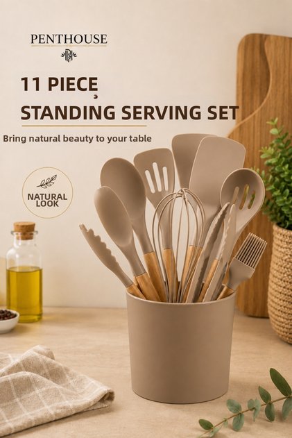11 Piece Silicone Serving Set with Stand Bamboo Handle Kitchen Utensil Set Heat Resistant