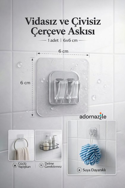 1 Adet Vidasız ve Çivisiz Çerçeve Askısı, Duvar Delmeden Askı Aparatı, Çivi Yerine Şeffaf Askı