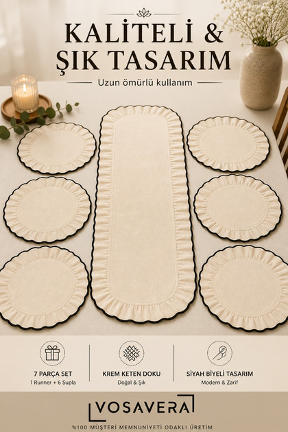 100% Linen Table Runner and 6-Piece Placemat Set (7 Pieces) with Free Ruffled and Piped Table Runner .