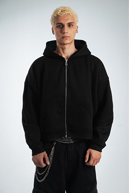 Crupt Studio Siyah Boxy Crop Erkek Ceket Zip Hoodie - Fiyatı