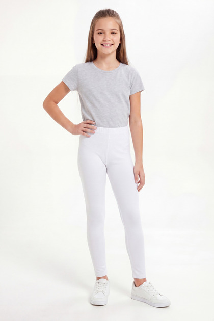 Girl's White Cotton Stretch Fabric Plain Long Leggings
