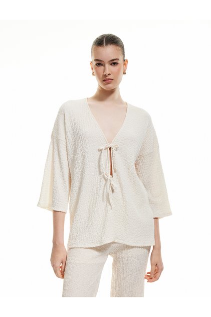 Long Sleeve Textured Long Cardigan with Bow Tie Detail