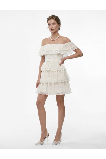 Short Sleeve Square Neck Off Shoulder Bow Tiered Mini Ruched Dress
