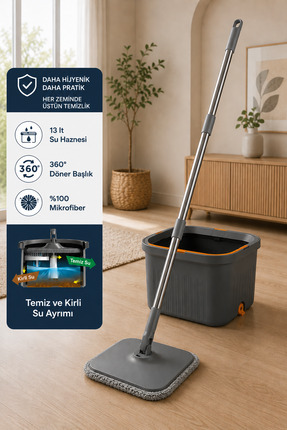12den Flora Kare Spin Mop Set, Temiz ve Kirli Suyu Ayıran
