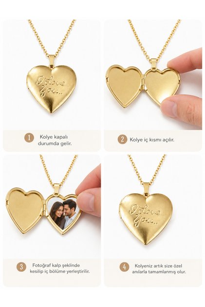 Gold Heart Patterned Women's Memory Necklace Gift 316L Stainless Steel Openable