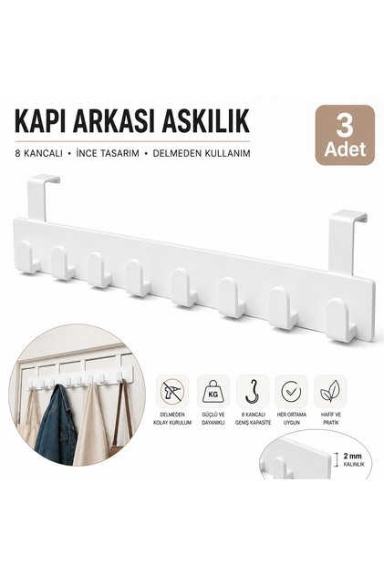 Plastik Askılık 3 Adet Beyaz Mutfak Banyo Organizer