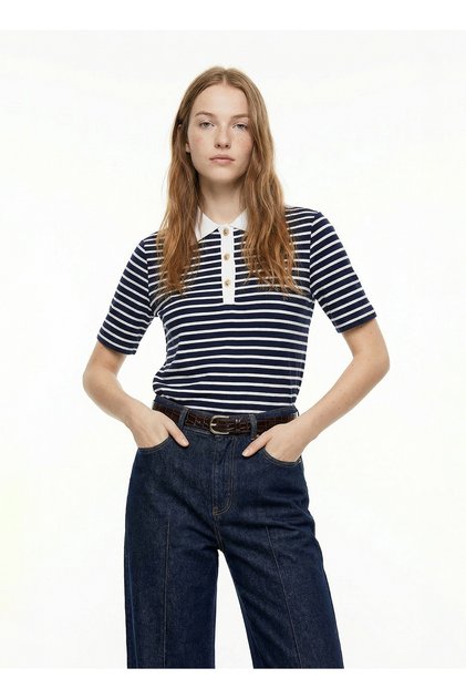 Lacivert Kadın Regular Fit Çizgili Polo T-Shirt F6SL-TST0222