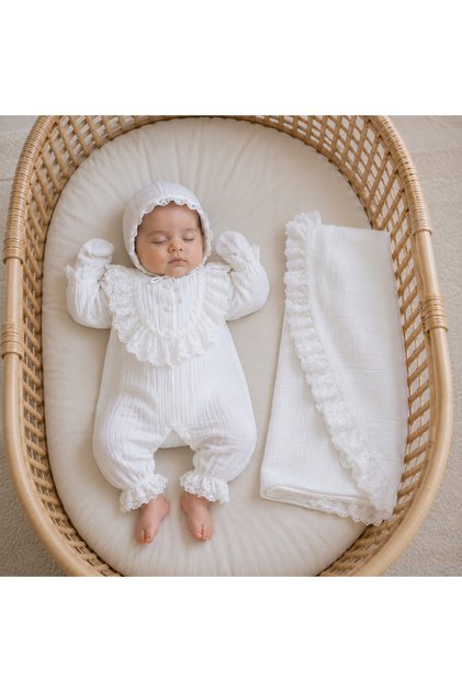 Angel Luxury Newborn 0-3 Months Baby Girl Lace Muslin Hospital Release Gift Set of 4