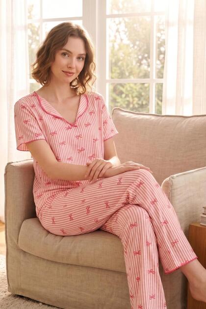 Bürümcük Knitted Short Sleeve Women's V-Neck Pajama Set
