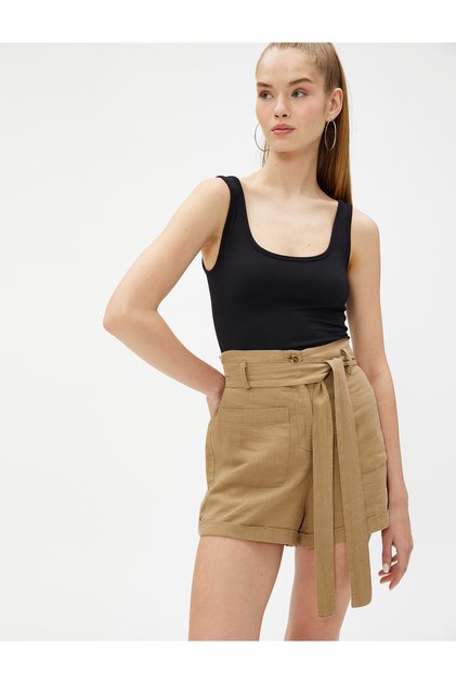 High Waist Shorts Linen Blend Belted Pocket Detailed