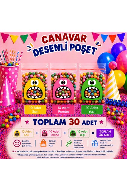 30 Adet Karşık Canavar Desenli Cake Pops Ve Kurabiye Poşeti 10x15 Cm Kendinden Yapışkanlı