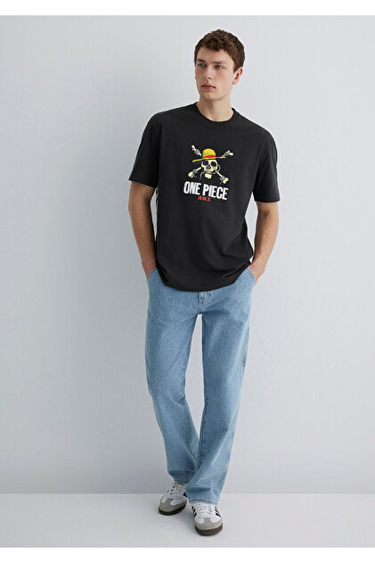 Mavi One Piece Baskılı Antrasit Tişört Loose Fit / Bol Rahat Kesim