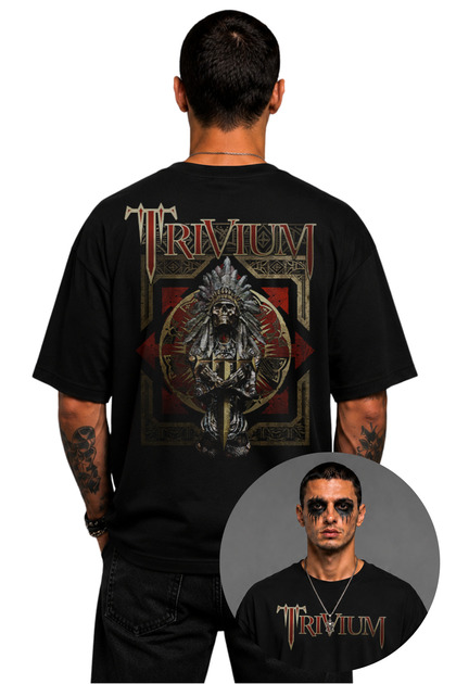 تي شيرت مطبوع عليه ظهر Trivium للجنسين، تي شيرت برقبة دائرية كبير الحجم بطابع فرقة الروك