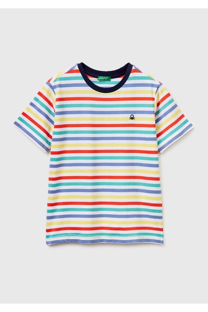Erkek Çocuk Renkli Mix Çok Renkli Logo İşlemeli Çizgili T-Shirt