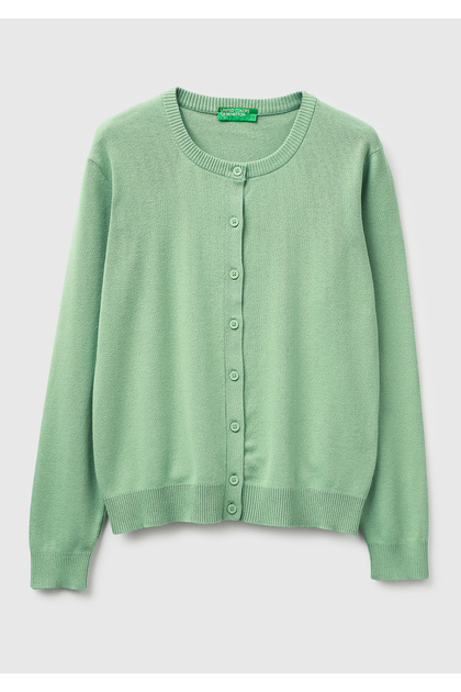 Women's Aqua Green 100% Cotton Buttoned Round Neck Cardigan