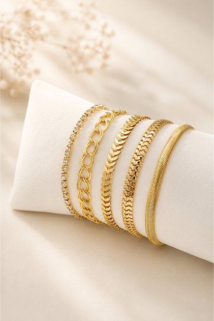 Gold Color 5-Piece Women's Bracelet Set with Zircon Stone Detail