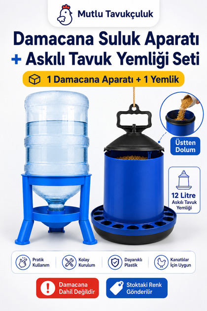 Damacana Suluk Aparatı 12 Kg Askılı Tavuk Güvercin Yemliği Seti 1 Damacana Aparatı 1 Yemlik
