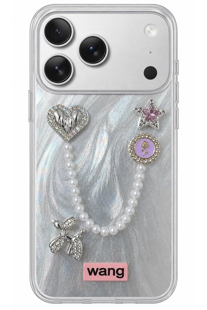iPhone 17 Pro Max/18 Pro Max Rhinestone Case with Pearl Necklace Detail, Marbling Effect 3D Heart and Motif Charm Cover