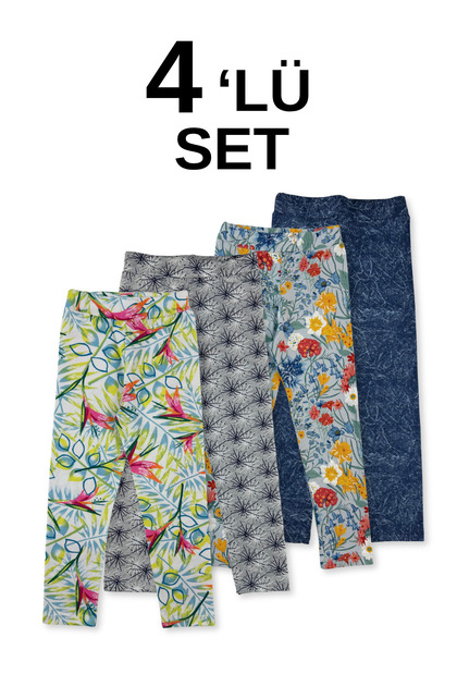 Children's Leggings Set - Set of 4, Patterned Seasonal Lycra Cotton Girls' Leggings Set