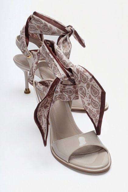 Women's Beige Patent Scarf 8 Cm. Thin High Heeled Sandals Evening Dress