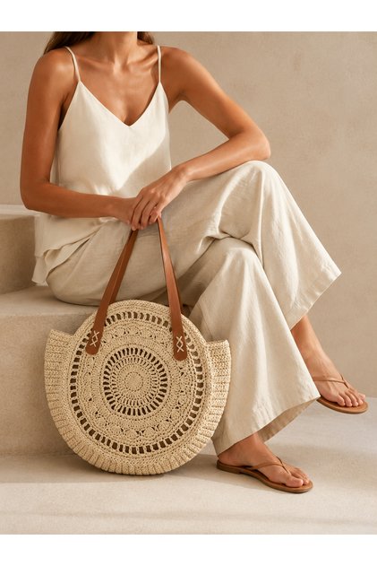 Straw Bag - Knitted, Shoulder, Handmade and Beach Bag