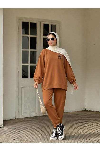 Kadın Bisiklet Yaka Baskılı Oversize Alt-Üst Eşofman Takımı