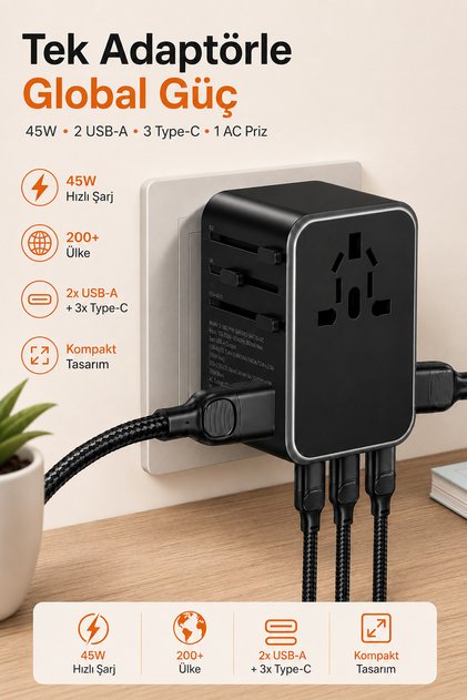 45W Global Seyahat Adaptörü | 2xUSB | 3xType-C | Çoklu Şarj Priz Dönüştürücü | US EU UK AU Uyumlu