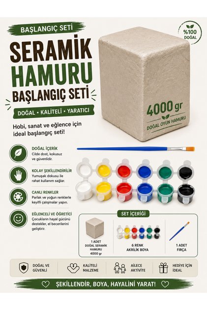 Seramik Hamuru Başlangıç, Kil Çamuru Seti, Doğal Oyun Hamuru 4000 gr