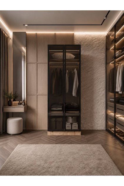 Ülgen 2 Kapaklı Giyinme Dolabı Tamamı Mdf Led Askı Borusulu Füme Camlı