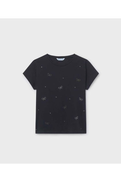 Girl's Bowknot Stone Detailed Short Sleeve T-Shirt 8-18 Years Black