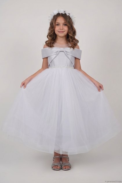 Girl's Evening Dress with Bow on the Back, Flower Crown and Pearls, 7-11 Years, Light Lilac